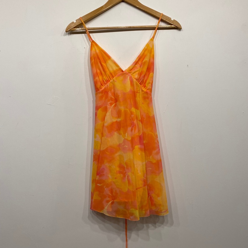 Zara Womens Orange Pink Floral Mesh Retro Mini Dress Lace Up Back Summer Size M